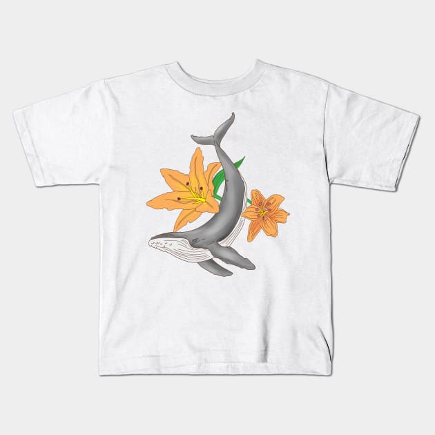 Whale and Lily Flower Kids T-Shirt by kenallouis